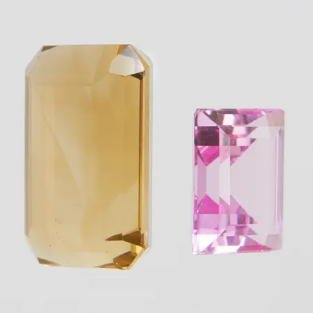 2 Lösa stenar, rökkvarts/citrin 18,9x14mm, syntetisk rosa safir 12,3x10,2mm