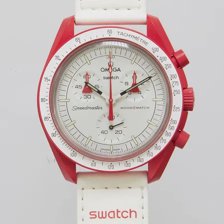 Herrur Swatch Moonswatch, Mission to Mars, plast, quartz, 41,5mm, kronograf, velcroband, box, kvitto