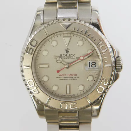 Armbandsur Rolex Yacht-master Mid-size, stål/platina, automatisk, 35mm, ref 168622, snr M347750 ca 2008, Cal. 2235, verknr: R13194T8, safirglas, datum, oysterlänk, ref: 78750/CX11, viklås, två extra länkbitar, , manual, skadat certifikat daterat 19 SEP 2013, Aten, box, ytterkartong.