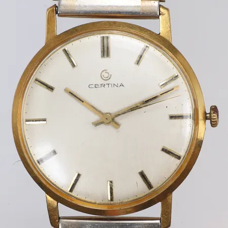 Herrur Certina 18K Ø33,5mm ref nr 851.3364.68 cal 25-66, 1970-tal, gravyr, repigt glas, slitage, guld i boett, med sliten stållänk, bruttovikt 60g