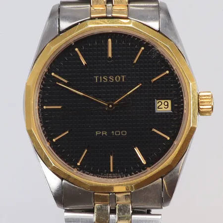 Herrur Tissot PR 100 Ø34mm, datum, quartz (går ej i behov av batteribyte), med tvåfärgad stållänk, små repor 