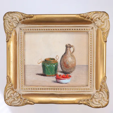 Olja på pannå, Okänd konstnär, signerad "Vil Wel?", Stilleben i guldfärgad träram, motivmått 7x8cm, med ram 13x11,5cm, omkring 1900-talets mitt, smärre slitage