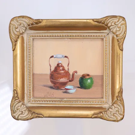 Olja på pannå, Okänd konstnär, signerad "Vil Wel?", Stilleben i guldfärgad träram, motivmått 7x8cm, med ram 13x11,5cm, omkring 1900-talets mitt, smärre slitage