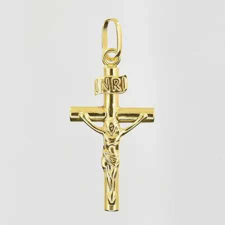 Hänge krucifix, längd 29 mm, bredd 12 mm, 18K. Vikt: 0,6 g