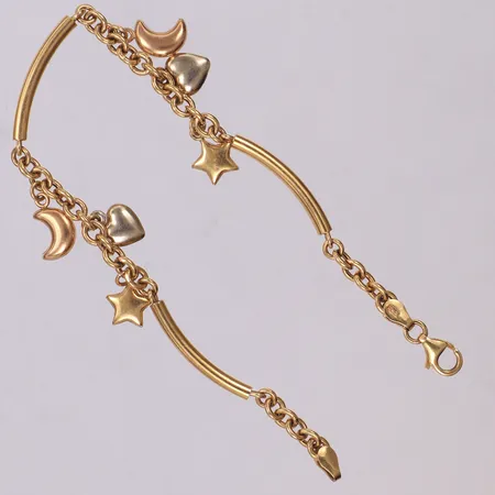 Armband med berlocker, längd 18,5cm, bredd 2,3-15mm, trefärgad, GHA, ihålig, 18K  Vikt: 7,3 g