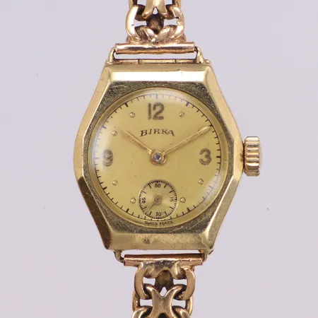 Damur Birka, 14K, 21mm, manuell, liten sekundvisare, boettnr: 12682, innerboett stämplad år 1947, plexiglas med repor, x-länk i 18K, längd 17,5cm inklusive ur, brv: 26,8g