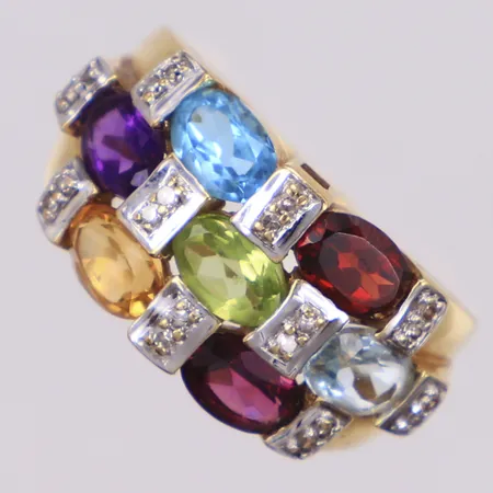 Ring med ametist, citrin, topas, peridot, rhodolit och diamanter 20xca0,005ct åttkantslipade, stl 17, bredd 1,7-11,5mm, GHA, 18K Vikt: 5,3 g