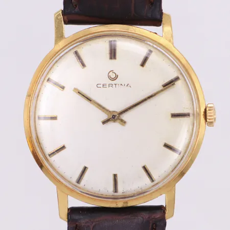 Herrur Certina, 18K, manuell, 34mm, boettnr 238529, gravyr, plexiglas med repor, brunt läderband ej original, inga tillbehör 