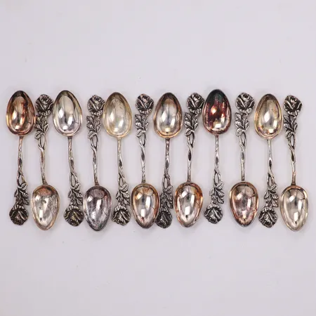 12 mockaskedar, längd 9cm, modell Ros, GEWE, Malmö, år 1958, 830/1000 silver Vikt: 96 g