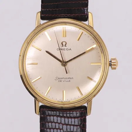 Herrur, Omega Seamster De Ville, stål, 34mm, manuell, plexiglas med repa, personlig gravyr, brunt läderband ej original, inga tillbehör 