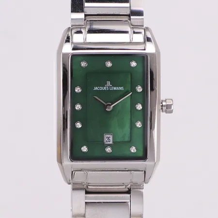 Damur Jacques Lemans, stål, quartz, 26x23mm, märkt 316L, datum, safirglas, grön urtavla med vita stenar, nyskick, kvitto, inga övriga tillbehör