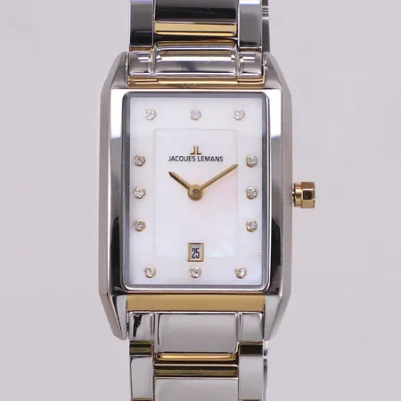 Damur Jacques Lemans, stål, quartz, 26x23mm, märkt 316L, datum, safirglas, pärlemourtavla med vita stenar, nyskick, kvitto, inga övriga tillbehör