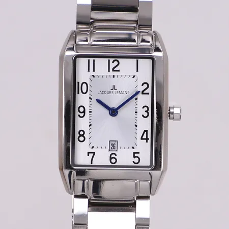 Damur Jacques Lemans, stål, quartz, 26x23mm, märkt 316L, datum, safirglas, vit urtavla, nyskick, kvitto, inga övriga tillbehör