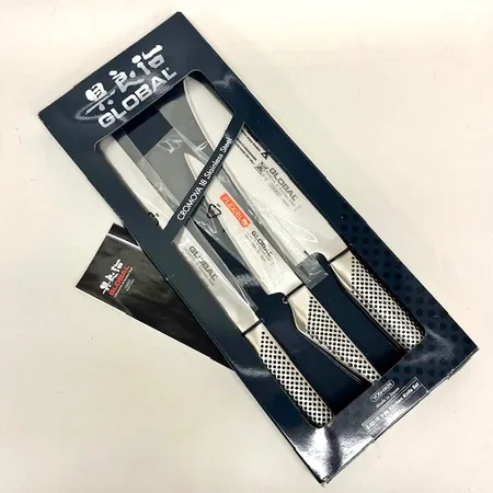 Knivset Global med tre knivar, Japan, rostfritt stål, Cromova G-2, Cromova GS-11, Cromova G-9, informationskort, uppbruten kartong, nyskick 