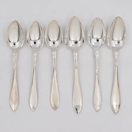 6 Kaffeskedar, längd ca 12,5-14cm, olika modeller, graverade, silver 830/1000 Vikt: 101,8 g