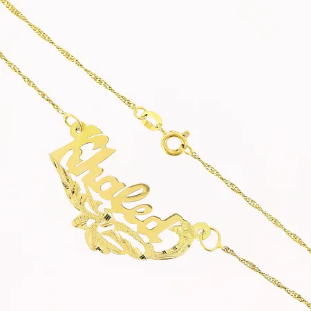Collier, Singapore, integrerat hänge namn, 43cm, bredd 1-20mm, kedja i 21K 2,2gram och hänget i 14K 1,4gram. Bruttovikt: 3,6gram.  Vikt: 3,6 g