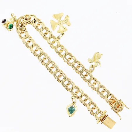Armband, Bismarck, 19cm, bredd 7,5mm, 4 berlocker, 18K. Vikt: 25,5 g