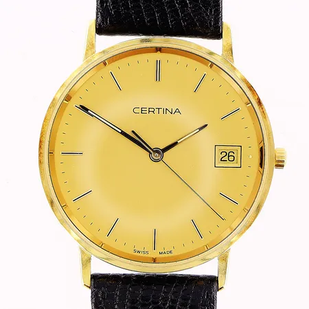Herrur Certina, 18K, quartz, Ø34mm, datum, sekundvisare, läderband 23cm, inköpt 94-03-11, Rob Engström, Stockholm, referensnr 158928968, originaletui, gravyr, 18K, bruttovikt 27,4gram  Vikt: 0 g