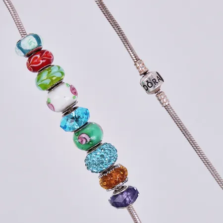 Kedja Pandora, med 9 berlocker, längd: ca 42cm, bredd: ca 3-15mm, 925/1000 silver Vikt: 47,7 g