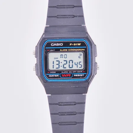 Armbandsur Casio, plast, quartz, 33mm, ref: F-91W, modul: 593, alarm, chronograph, dag, datum, gummiband