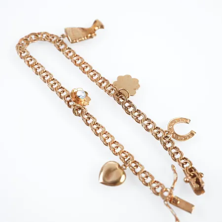 Armband, bismarck m 4 berlocker, 19,5cm, bredd 4,5mm, 18k Vikt: 11 g
