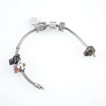 Armband, Pandora, silver m 6 berlocker, 16,5cm lås saknas Vikt: 31,5 g