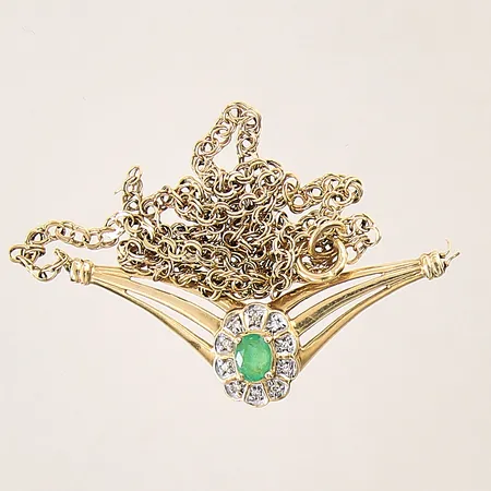 Collier med troligen smaragd samt 8/8-slipade diamanter 10x ca 0,005ct, defekt, 18K.  Vikt: 5,1 g
