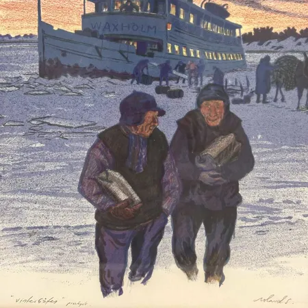 Färglitograf, "Vinterbåten" (Julbåten, Spritbåten)  Roland Svensson, signerad, mått ca 43x44cm, ram med färgbortfall samt slitage, kvitto från Stockholms Auktionsverk.  Skickas med postpaket.