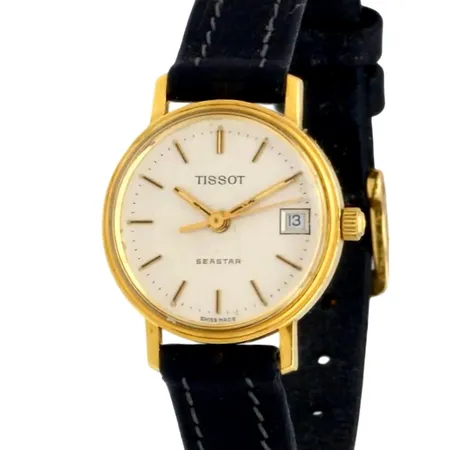 Damur Tissot Seastar, 18K guld, Ø22 mm, quartz - behöver nytt batteri, datum, gravyr, skinnband från Hirsch,
