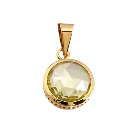 Hänge, 18K guld, fasetterad ljusgrön sten Ø 7 mm, Guldfynd (GHA), längd inkl. ögla 16 mm, bredd 8,5 mm, tjocklek 4 mm, fint skick Vikt: 0,8 g