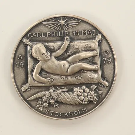 Minnesmedalj Prins Carl Philip, 1979, 418/3000, silver, 925/1000 Vikt: 45 g