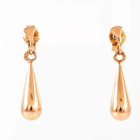 Örhängen i 18K guld: Hängande droppar. De är 23,5 mm långa, 5,4 mm breda och väger 1,8g. 