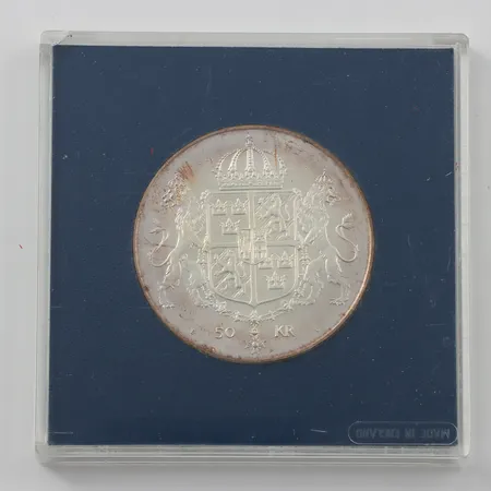 Jubileumsmynt, Det kungliga bröllopet 19 juni 1976, 50KR, Konung Carl XVI Gustaf Drottning Silvia, etui, silver 925/1000 Vikt: 27 g