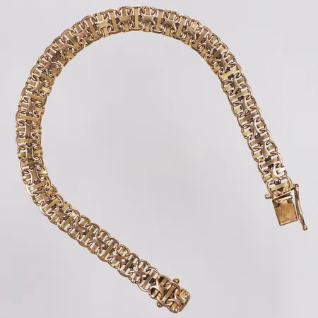 Armband, X-länk med stav, Valsta Guldsmed, Längd: 18,5cm, bredd7,1mm, defekt, glappt lås, saknar låsåtta, 18K Vikt: 11,4 g