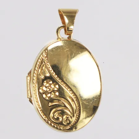 Hänge, medaljong, mönsterdekor, fotogömma, längd 24mm inkl ögla, bredd 14mm, plast inuti, 18K Vikt: 1,5 g