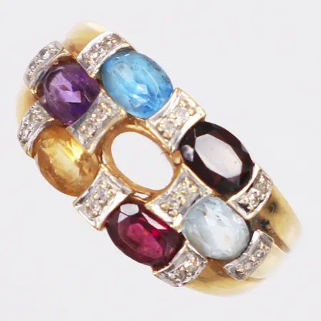 Ring, diamanter 20 x ca0,005ct, ametist, citrin, granat, topas, rhodolit, Guldfynd, stl 19½, bredd 2,2-11,6mm, en sten saknas, 18K  Vikt: 5,4 g