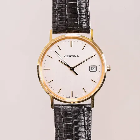 Herrur Certina 18K, 33,5mm, quartz, batteribyte krävs, går ej, läderband, kartong.