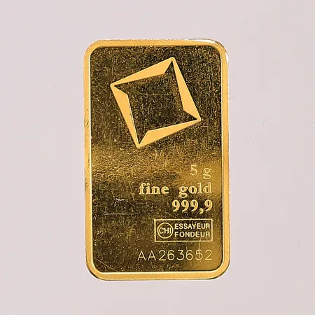 Guldtacka Valcambi, snr:AA263652, skev, 24K 5g.