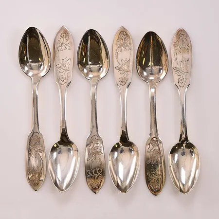 6 Kaffeskedar, modell:Tornedal, 12,5cm, gravyr, 830/1000 Silver 94,9g.