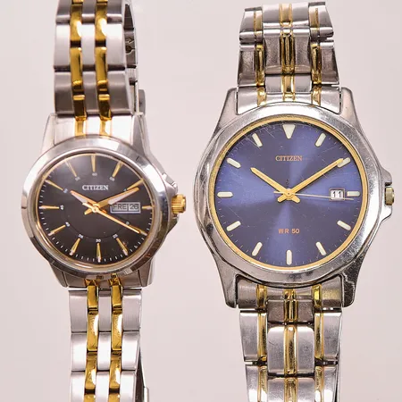 2 Armbandsur Citizen, 37/27mm, stål, går ej.
