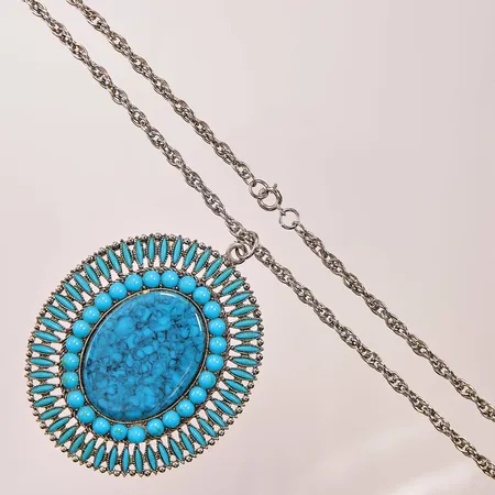 Collier, 60cm, hänge ca 7x6cm, malakiter, turkoser, vitmetall.
