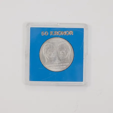 Minnesmynt, Ø36mm, Det Kungliga bröllopet, Konung Carl XVI Gustaf Drottning Silvia 19 Juni 1976, nominellt värde 50kr, i fodral, silver 925/1000 Vikt: 27 g
