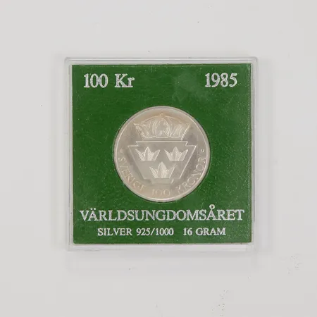Minnesmynt, Ø32mm, Världsungdomsåret 1985, nominellt värde 100kr, i fodral, silver 925/1000 Vikt: 16 g