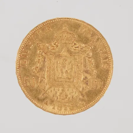 Guldmynt Frankrike, 50 franc 1858 - Napoleon III, Ø28 mm, 21,6K Vikt: 16,1 g