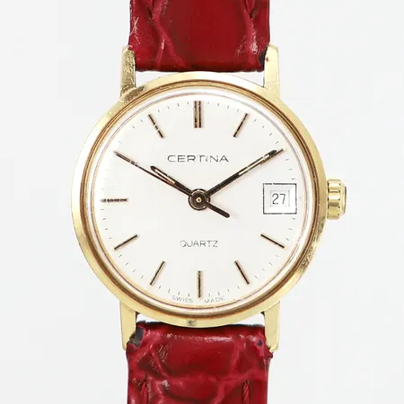 Damur Certina, 14K i boett Ø22mm, quartz, datum, repigt plastglas, läderband, gravyr, etui 