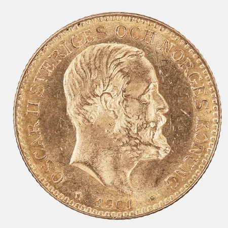 Guldmynt, 20 kronor, Oscar II Sveriges och Norges Konung - Brödrafolkens Val, Ø18 mm, år Sverige år 1901, räfflad kant, plastkapsel, 21,6K guld. Vikt: 4,5 g