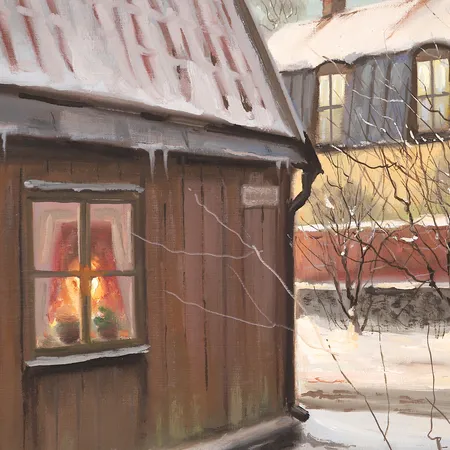 Tavla, olja på duk, Tomas Mandel. signerad, Stockholmsmotiv, Bastugatan- Lilla Skinnarviksgränd, Södermalm, ca 60x70cm. Specialfrakt, kontakta pantbankskontoret för mer information.