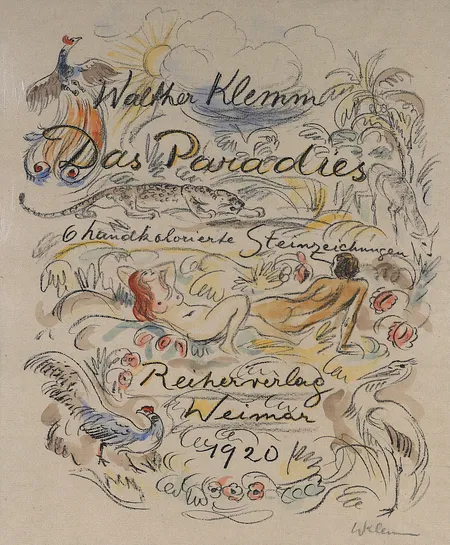 Mapp, Walter Klemm, 6 kolorerade litografier, "Das Paradies", signerat på försättsbladet, daterad 1920, bildstorlek ca 46x31cm, slitage, gulnade, en passepartout med skador, mapp med skador. Skickas med postpaket.