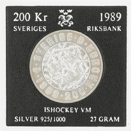 Jubileumsmynt, 200 Kronor, Ishockey VM, 1989, Ø36mm, plastetui, 925/1000 silver. Vikt: 26,8 g