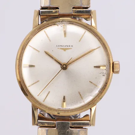 Herrur Longines 14K, Ø34mm, manuell, cal 280, verknummer 12644802, gravyr, skadat och sprucket glas, urtavla skadad, flexband, bruttovikt 55,5g